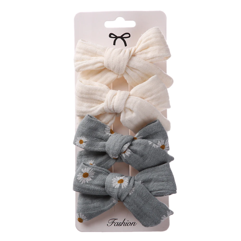 4Pcs/Set Baby Bows Hair Clips Muslin Girls Hairpins Hairclip For Kids Cotton Linen Barrette Flower Print Side Pin Accessories