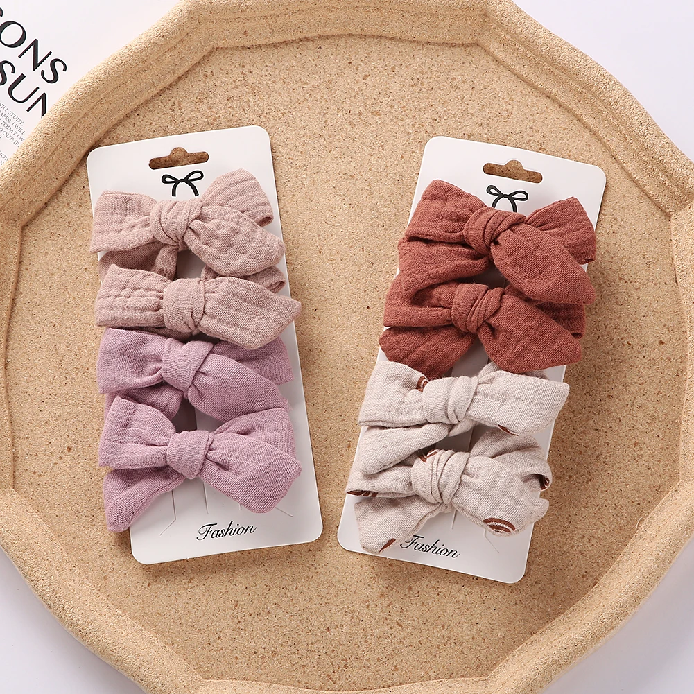 4Pcs/Set Baby Bows Hair Clips Muslin Girls Hairpins Hairclip For Kids Cotton Linen Barrette Flower Print Side Pin Accessories