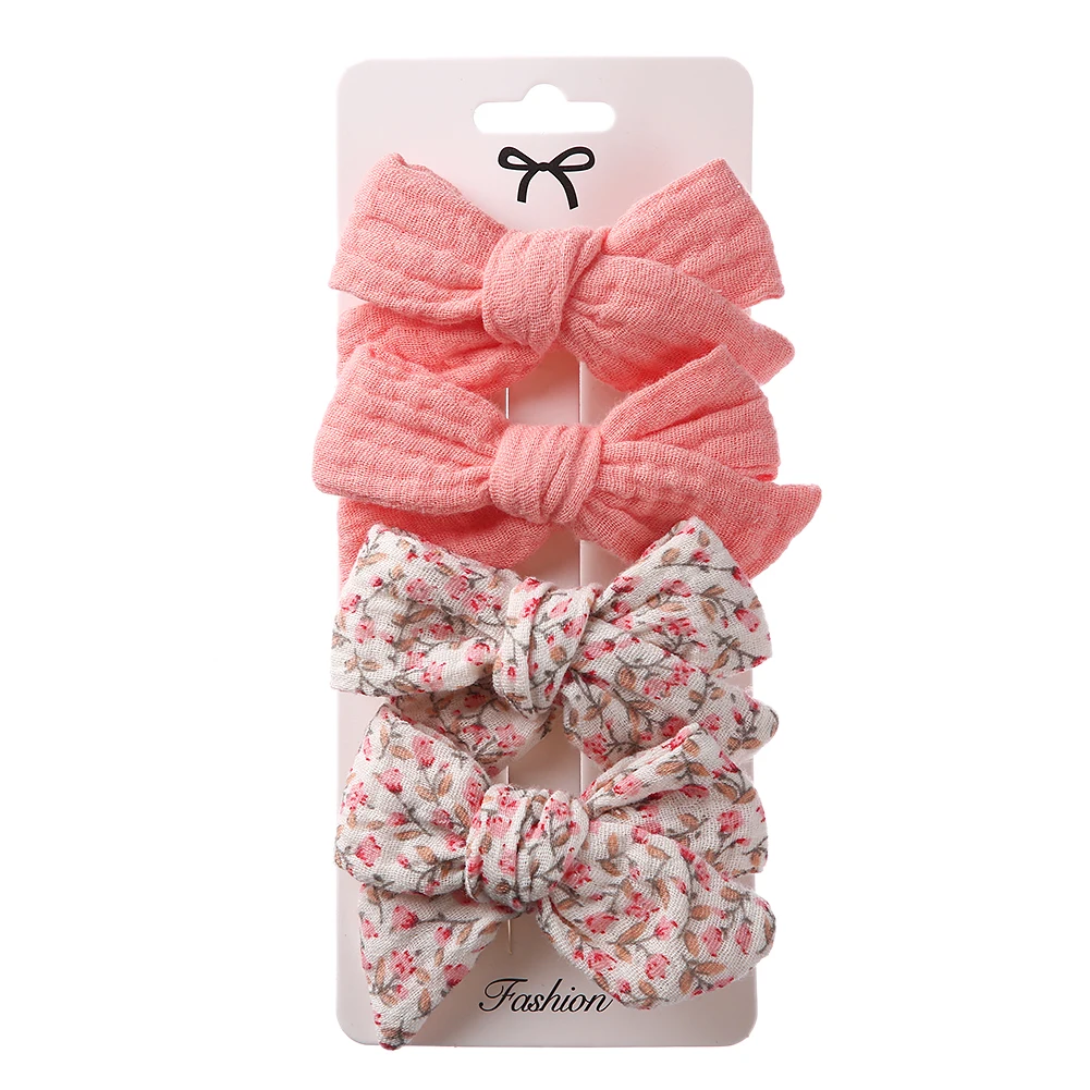 4Pcs/Set Baby Bows Hair Clips Muslin Girls Hairpins Hairclip For Kids Cotton Linen Barrette Flower Print Side Pin Accessories