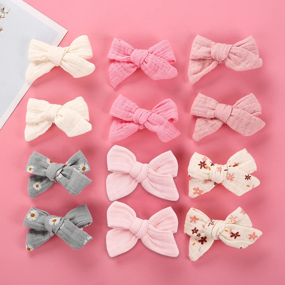 4Pcs/Set Baby Bows Hair Clips Muslin Girls Hairpins Hairclip For Kids Cotton Linen Barrette Flower Print Side Pin Accessories