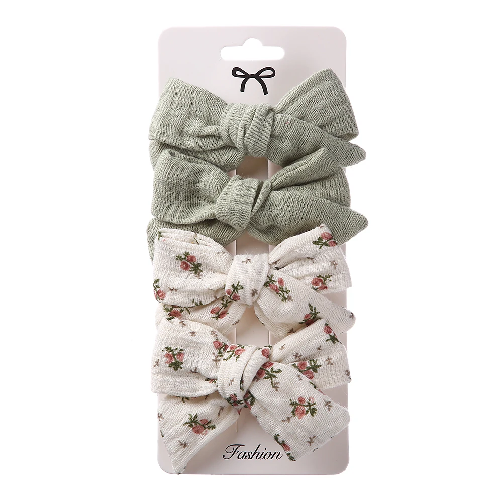4Pcs/Set Baby Bows Hair Clips Muslin Girls Hairpins Hairclip For Kids Cotton Linen Barrette Flower Print Side Pin Accessories