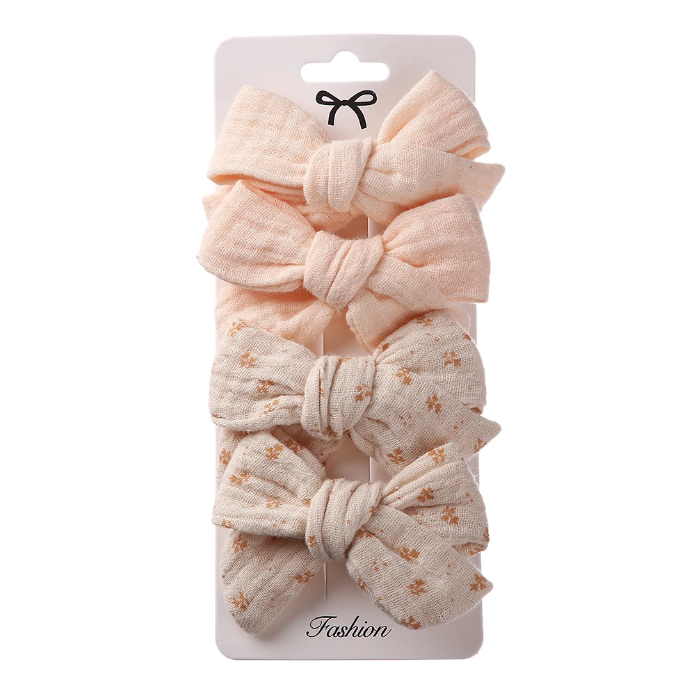 4Pcs/Set Baby Bows Hair Clips Muslin Girls Hairpins Hairclip For Kids Cotton Linen Barrette Flower Print Side Pin Accessories