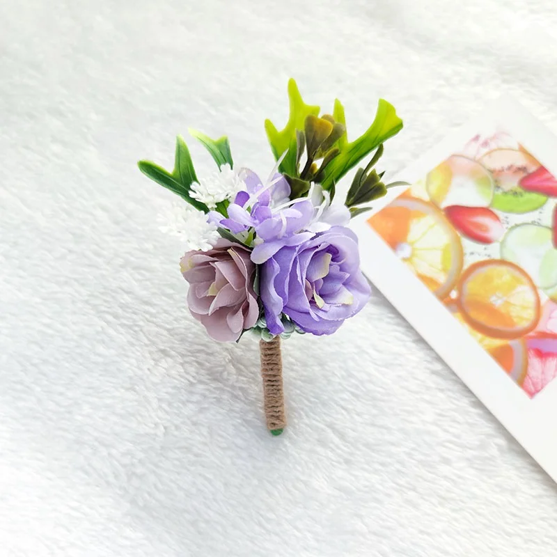 Purple Groom Boutonniere Wedding Corsage Pins Brooch Flowers Artificial Roses Groomsman Buttonhole Flower Marriage Accessories D