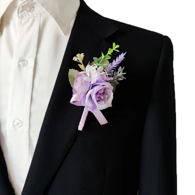 Purple Groom Boutonniere Wedding Corsage Pins Brooch Flowers Artificial Roses Groomsman Buttonhole Flower Marriage Accessories D