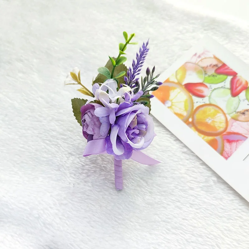 Purple Groom Boutonniere Wedding Corsage Pins Brooch Flowers Artificial Roses Groomsman Buttonhole Flower Marriage Accessories D
