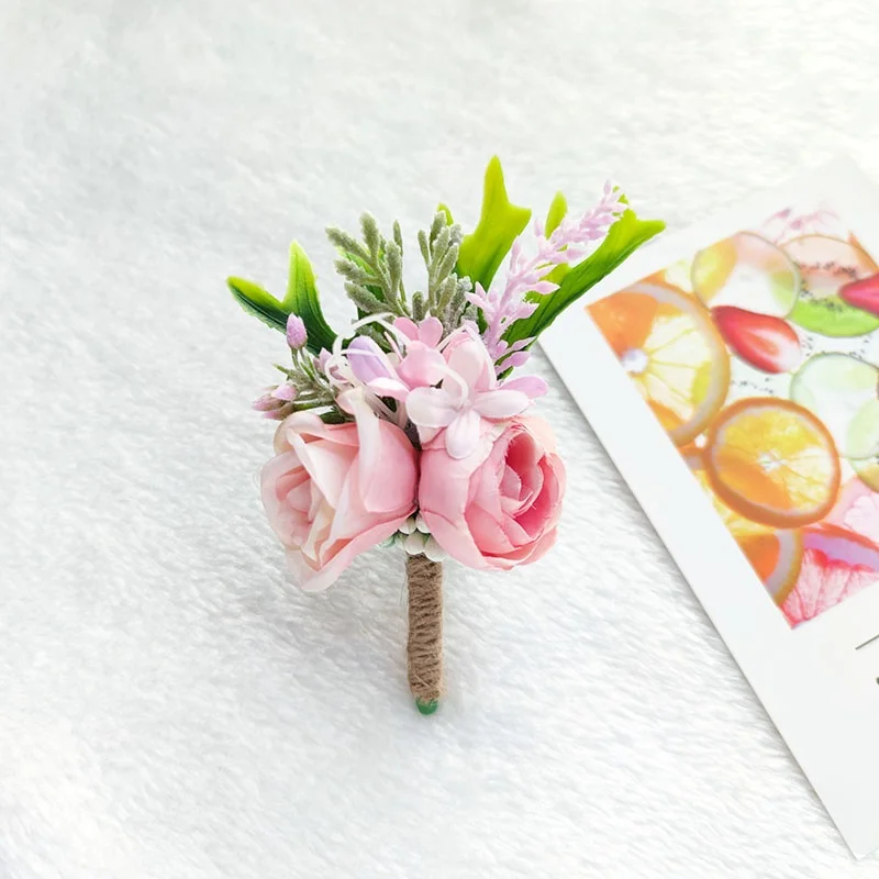 Purple Groom Boutonniere Wedding Corsage Pins Brooch Flowers Artificial Roses Groomsman Buttonhole Flower Marriage Accessories D