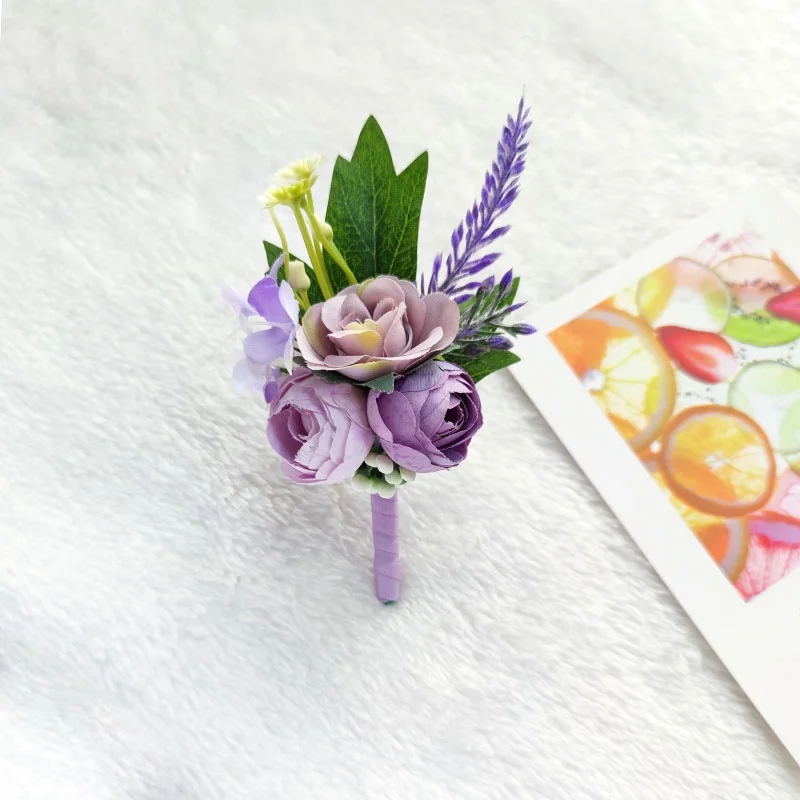 Purple Groom Boutonniere Wedding Corsage Pins Brooch Flowers Artificial Roses Groomsman Buttonhole Flower Marriage Accessories D