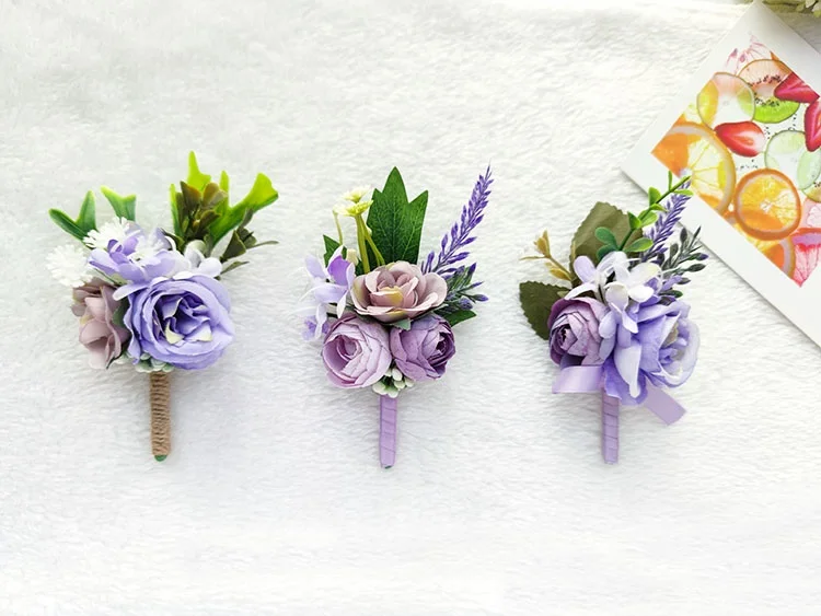 Purple Groom Boutonniere Wedding Corsage Pins Brooch Flowers Artificial Roses Groomsman Buttonhole Flower Marriage Accessories D