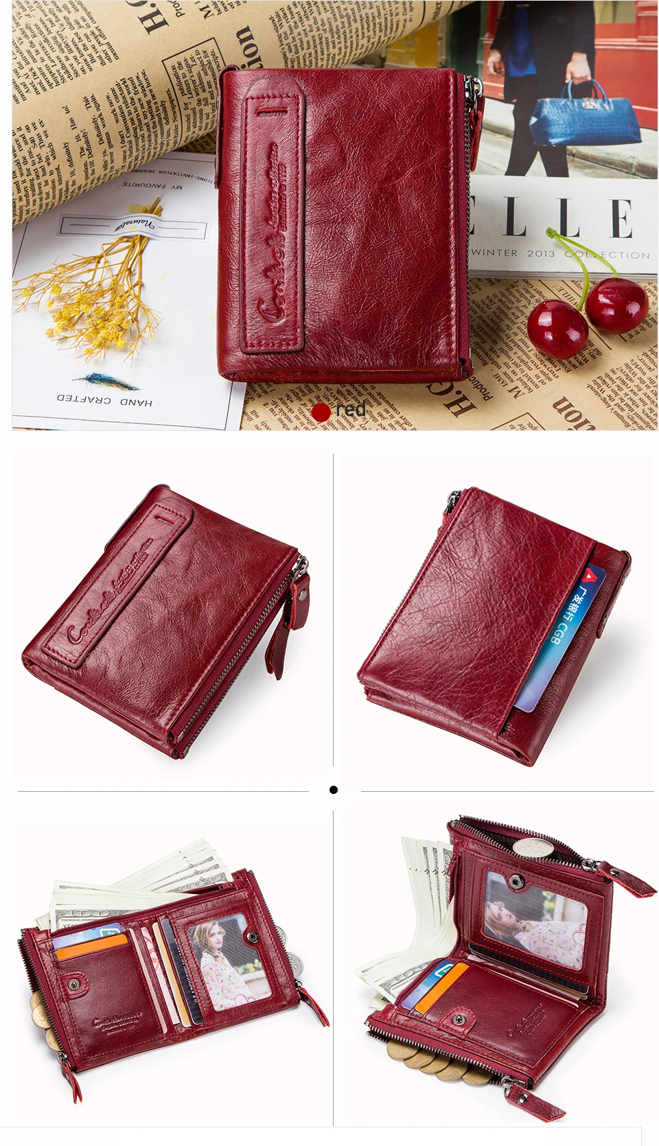 Contact‘S Genuine Leather Fashion Short Wallet Women Small Hasp Photo Card Holder Wallets for Women Female Coin Purse