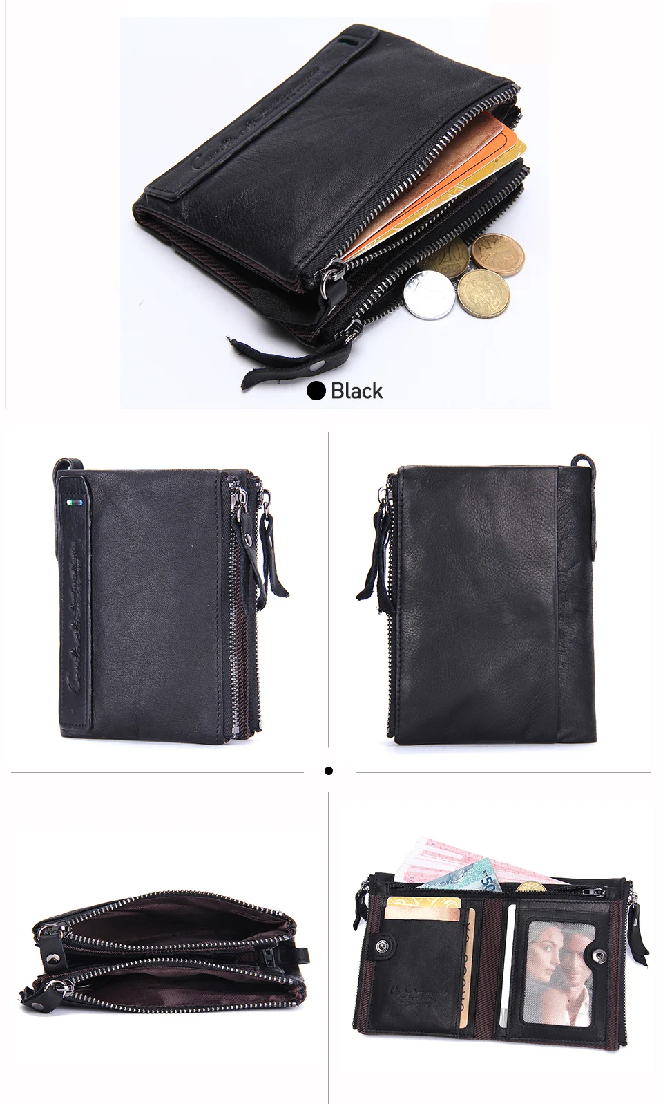 Contact‘S Genuine Leather Fashion Short Wallet Women Small Hasp Photo Card Holder Wallets for Women Female Coin Purse