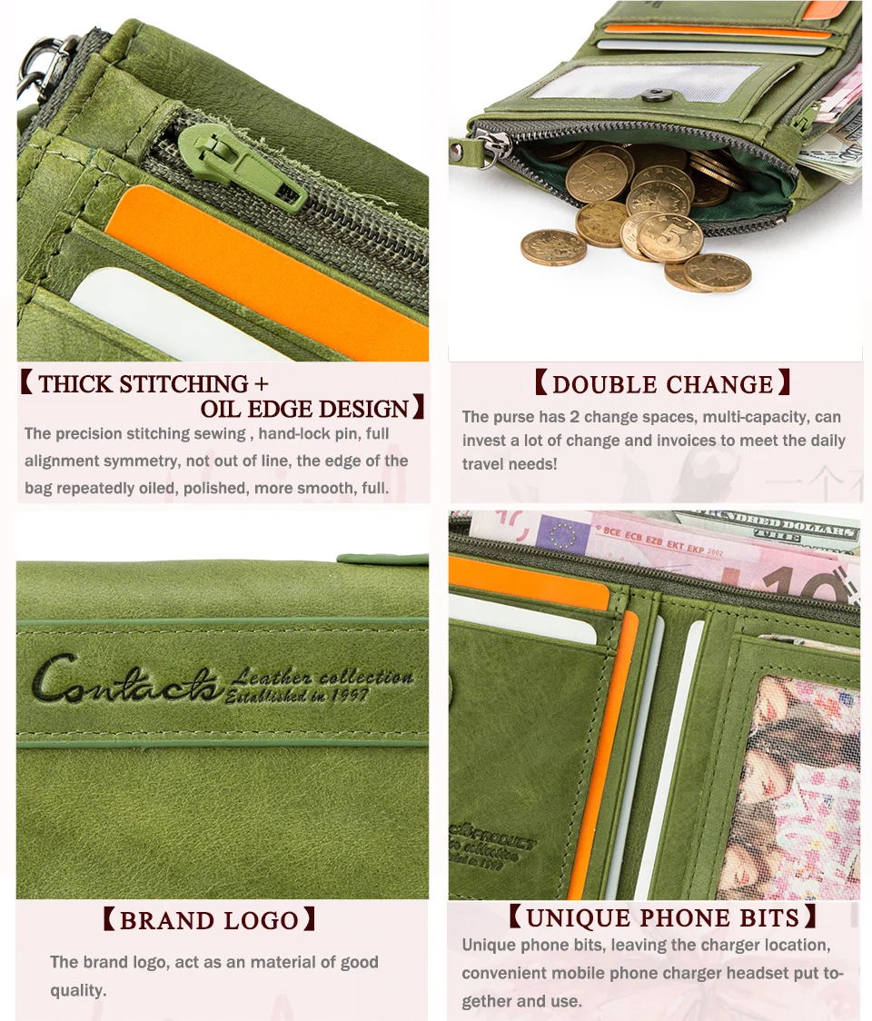 Contact‘S Genuine Leather Fashion Short Wallet Women Small Hasp Photo Card Holder Wallets for Women Female Coin Purse