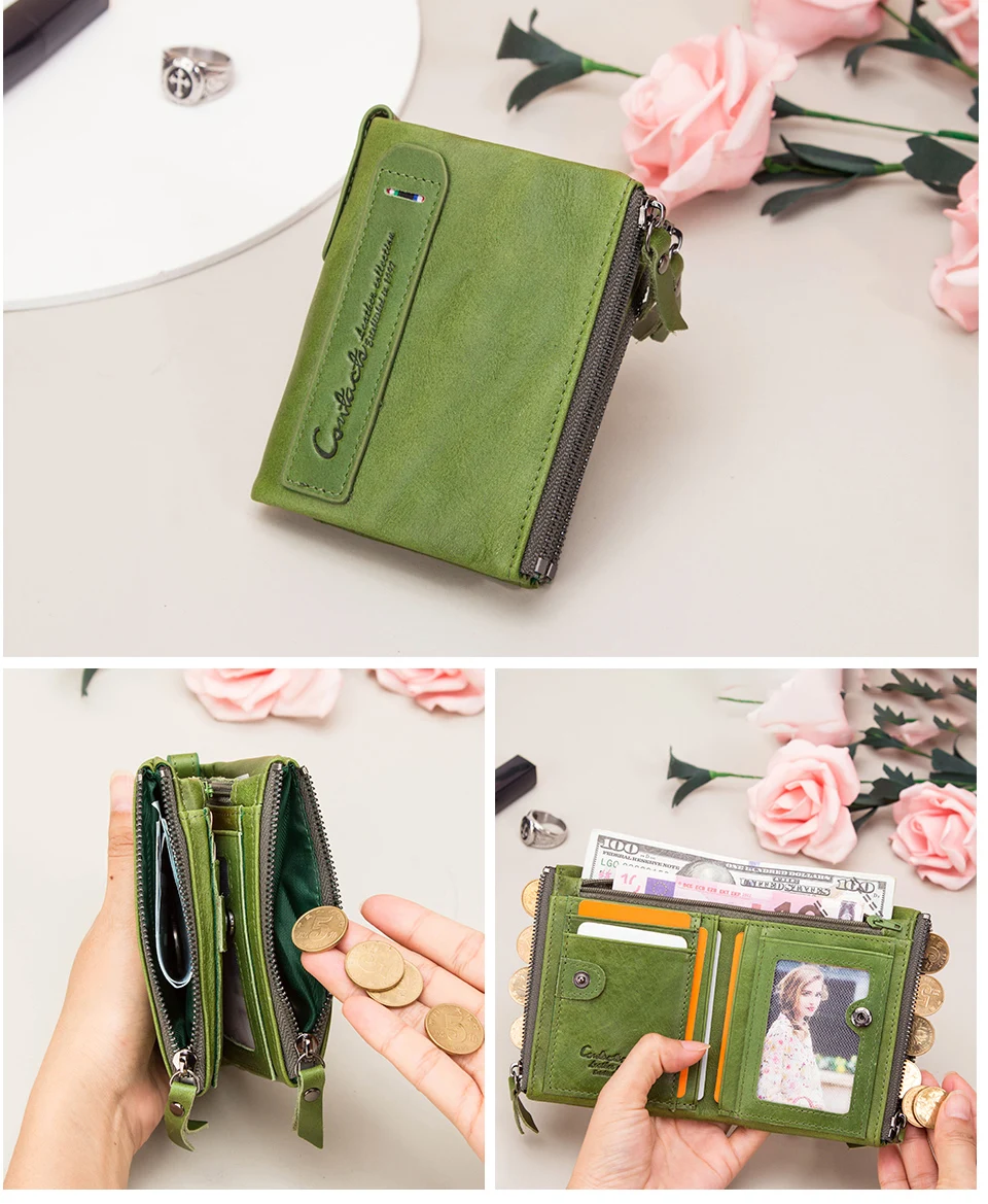 Contact‘S Genuine Leather Fashion Short Wallet Women Small Hasp Photo Card Holder Wallets for Women Female Coin Purse
