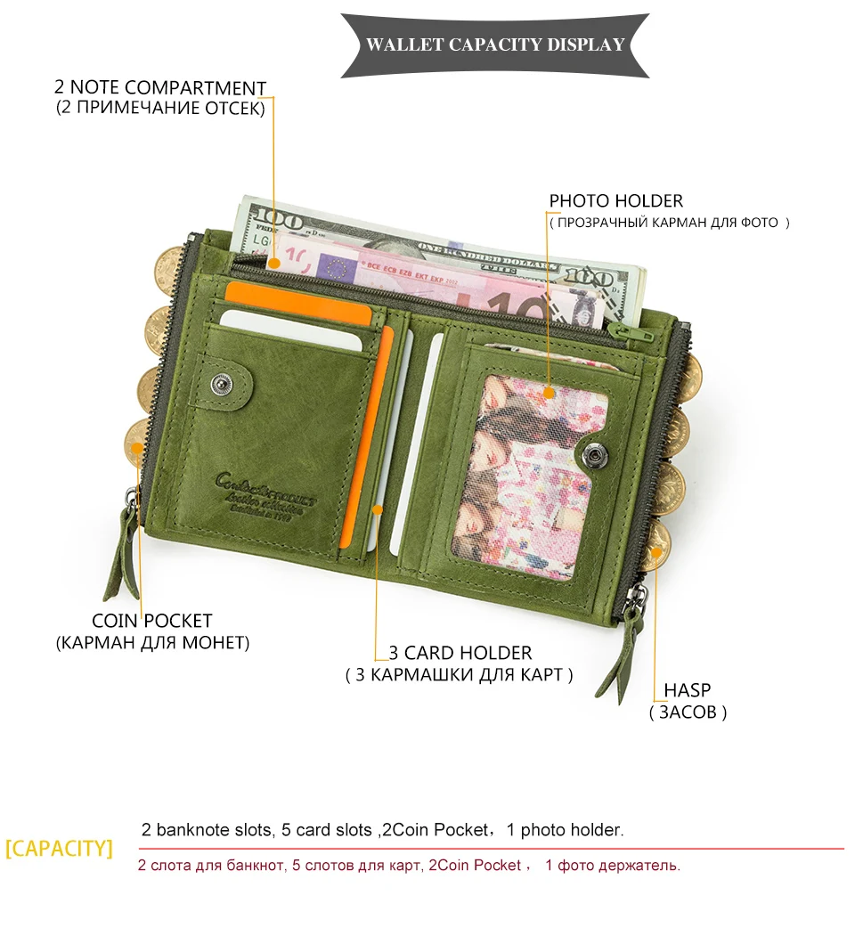 Contact‘S Genuine Leather Fashion Short Wallet Women Small Hasp Photo Card Holder Wallets for Women Female Coin Purse
