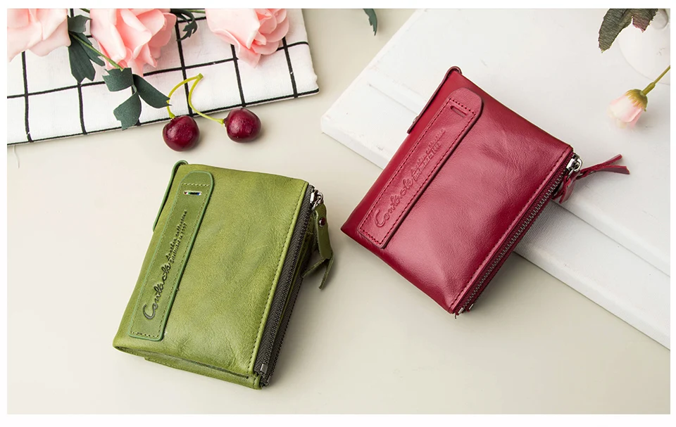 Contact‘S Genuine Leather Fashion Short Wallet Women Small Hasp Photo Card Holder Wallets for Women Female Coin Purse