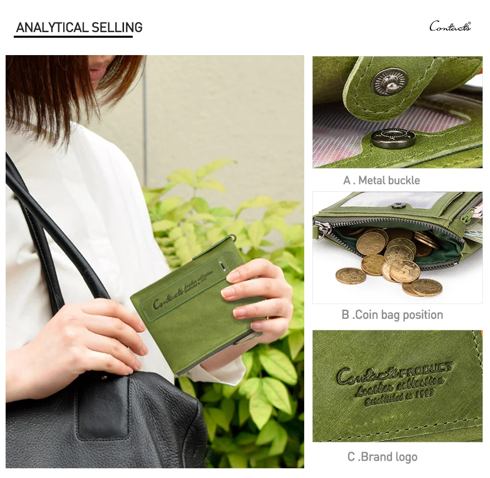 Contact‘S Genuine Leather Fashion Short Wallet Women Small Hasp Photo Card Holder Wallets for Women Female Coin Purse