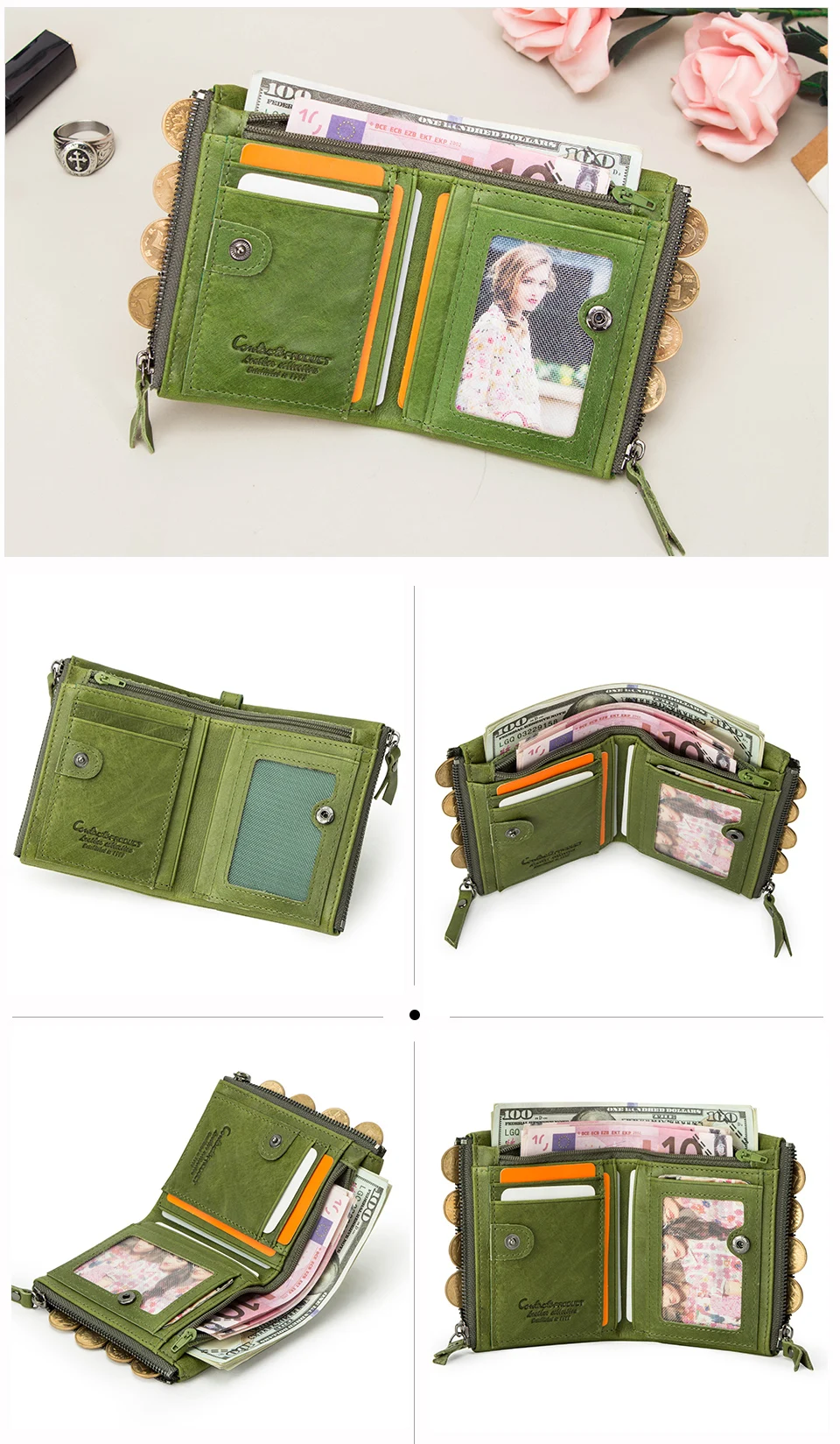Contact‘S Genuine Leather Fashion Short Wallet Women Small Hasp Photo Card Holder Wallets for Women Female Coin Purse