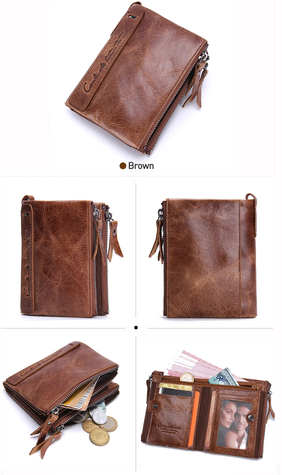 Contact‘S Genuine Leather Fashion Short Wallet Women Small Hasp Photo Card Holder Wallets for Women Female Coin Purse