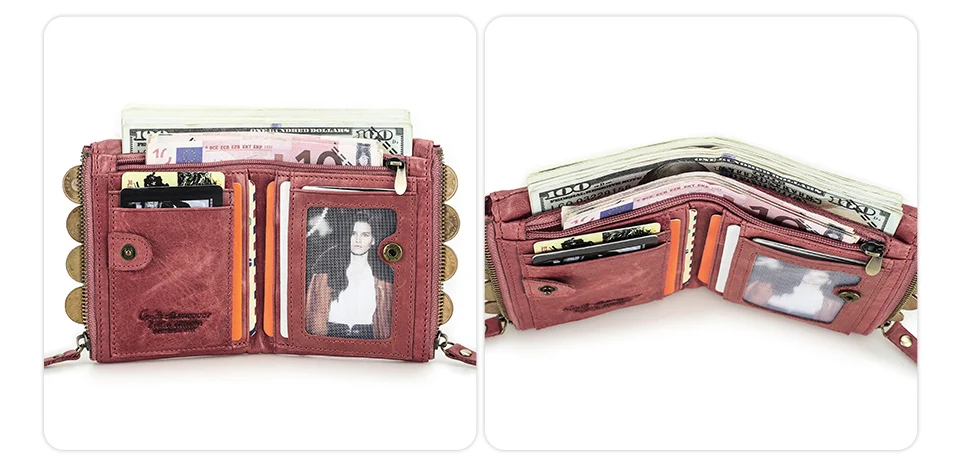 Contact‘S Genuine Leather Fashion Short Wallet Women Small Hasp Photo Card Holder Wallets for Women Female Coin Purse
