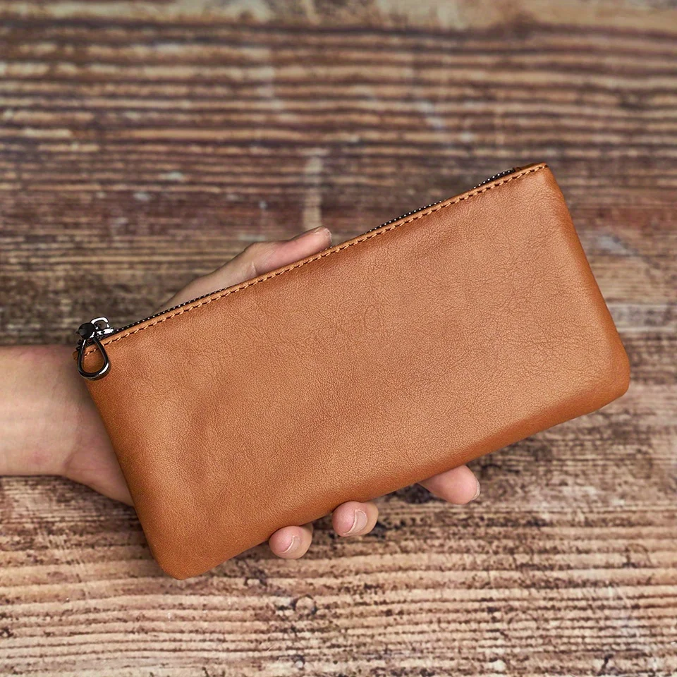 ZRCX Men's Genuine Leather Long Zipper Wallet First Layer Cowhide Youth Ultra-Thin Handbag Wallet Trendy Brand Simple Wallet