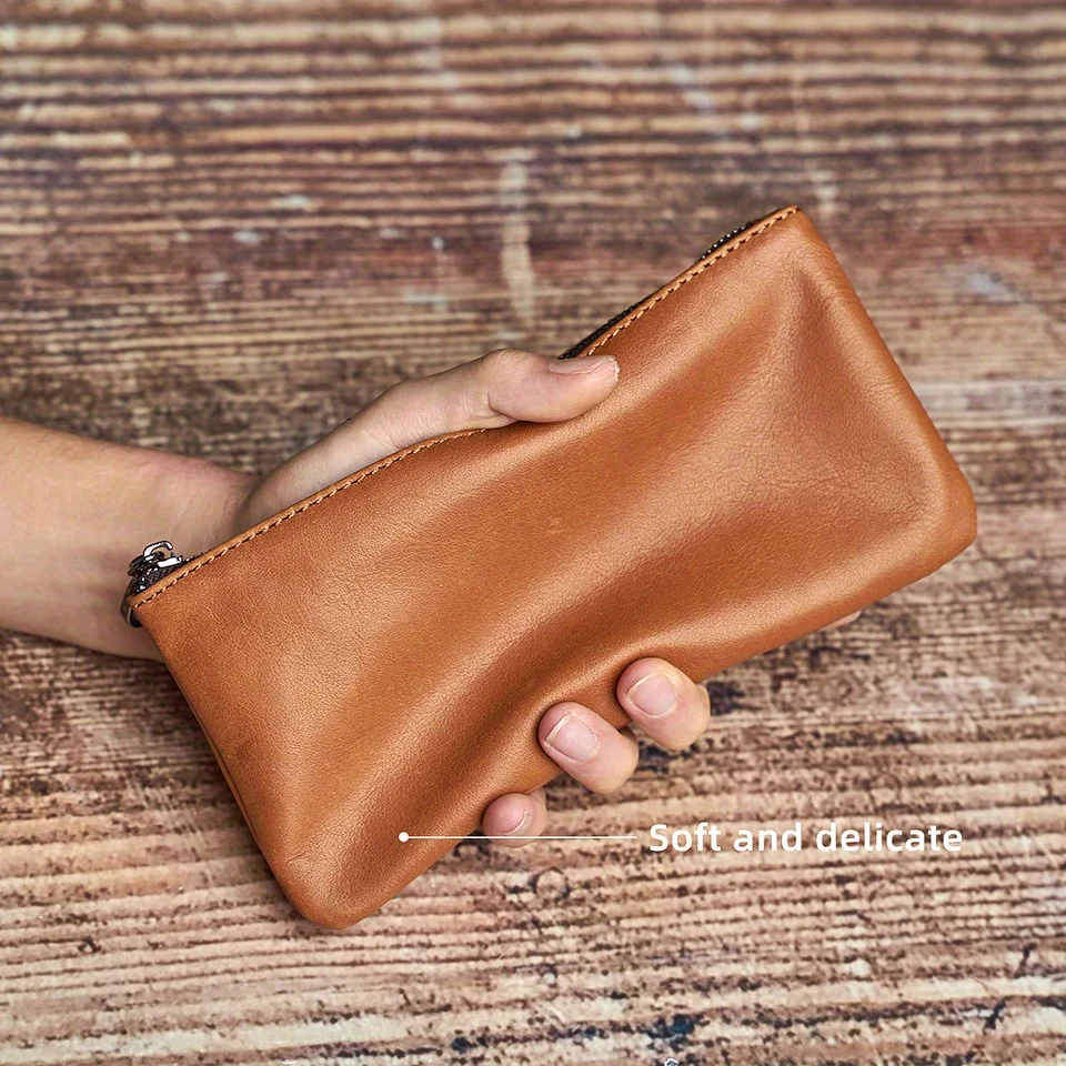 ZRCX Men's Genuine Leather Long Zipper Wallet First Layer Cowhide Youth Ultra-Thin Handbag Wallet Trendy Brand Simple Wallet
