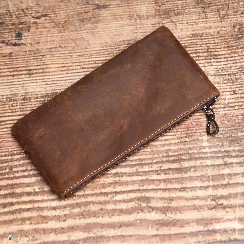 ZRCX Men's Genuine Leather Long Zipper Wallet First Layer Cowhide Youth Ultra-Thin Handbag Wallet Trendy Brand Simple Wallet