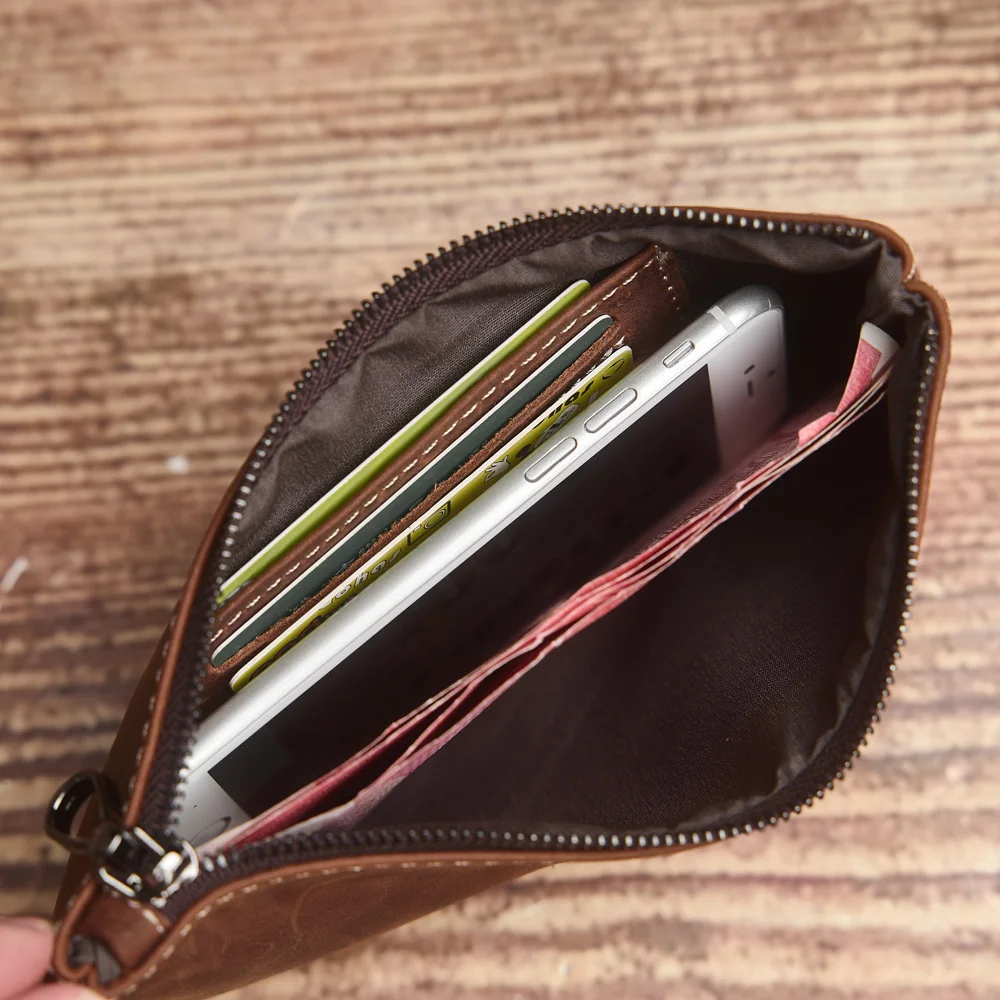 ZRCX Men's Genuine Leather Long Zipper Wallet First Layer Cowhide Youth Ultra-Thin Handbag Wallet Trendy Brand Simple Wallet