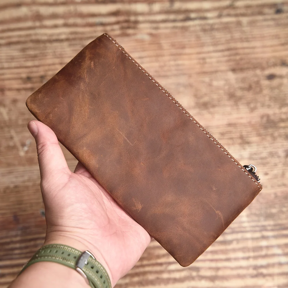 ZRCX Men's Genuine Leather Long Zipper Wallet First Layer Cowhide Youth Ultra-Thin Handbag Wallet Trendy Brand Simple Wallet