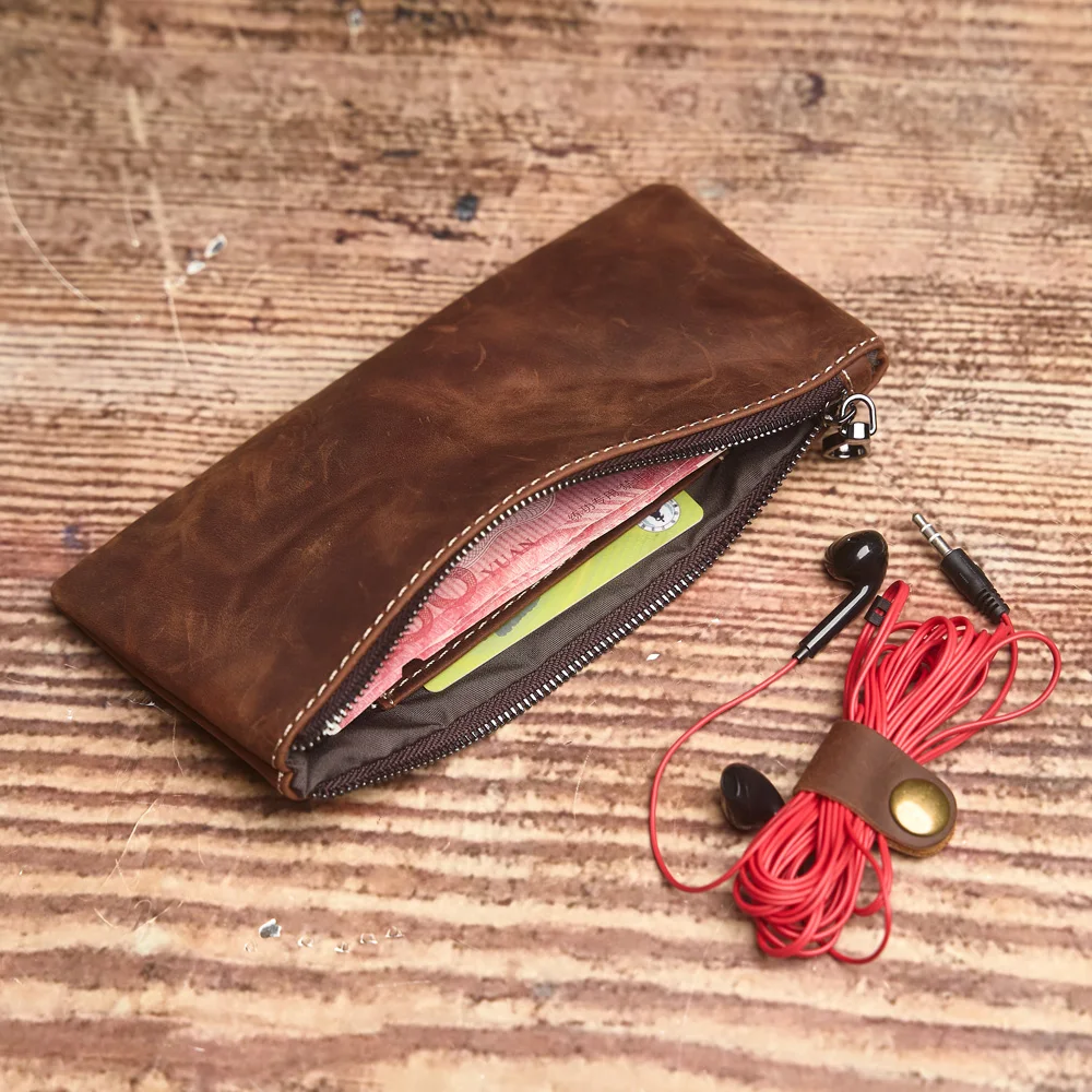 ZRCX Men's Genuine Leather Long Zipper Wallet First Layer Cowhide Youth Ultra-Thin Handbag Wallet Trendy Brand Simple Wallet