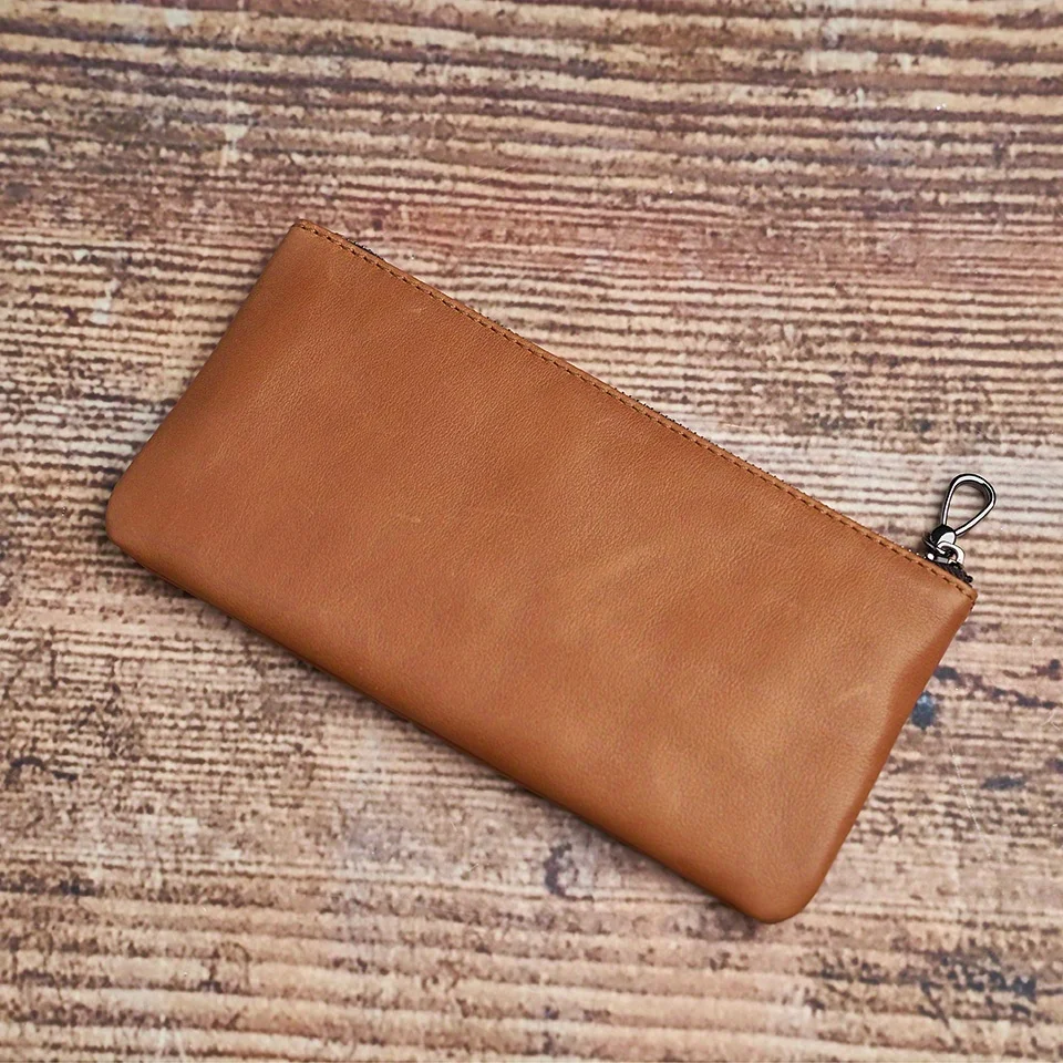 ZRCX Men's Genuine Leather Long Zipper Wallet First Layer Cowhide Youth Ultra-Thin Handbag Wallet Trendy Brand Simple Wallet