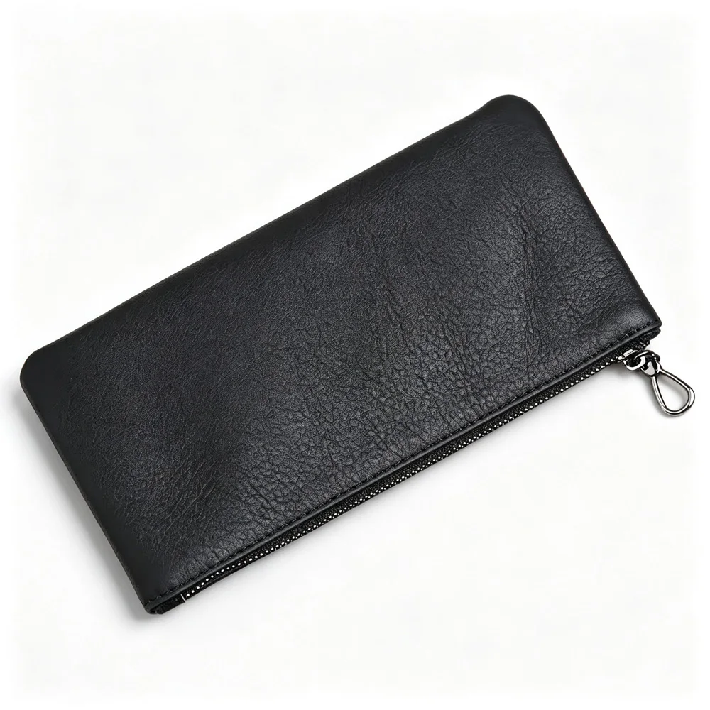 ZRCX Men's Genuine Leather Long Zipper Wallet First Layer Cowhide Youth Ultra-Thin Handbag Wallet Trendy Brand Simple Wallet