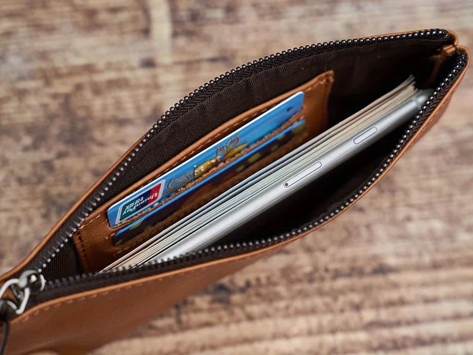 ZRCX Men's Genuine Leather Long Zipper Wallet First Layer Cowhide Youth Ultra-Thin Handbag Wallet Trendy Brand Simple Wallet
