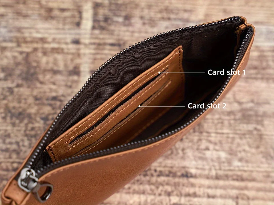 ZRCX Men's Genuine Leather Long Zipper Wallet First Layer Cowhide Youth Ultra-Thin Handbag Wallet Trendy Brand Simple Wallet