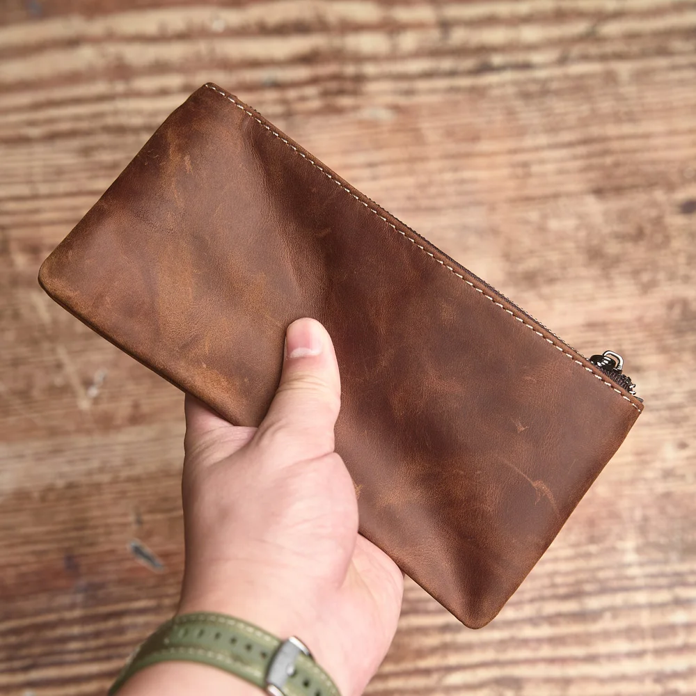 ZRCX Men's Genuine Leather Long Zipper Wallet First Layer Cowhide Youth Ultra-Thin Handbag Wallet Trendy Brand Simple Wallet