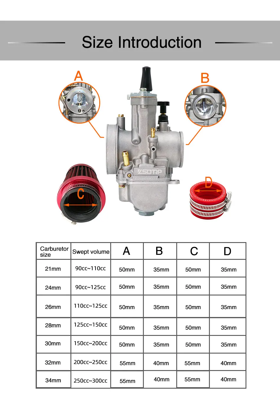 Alconstar- 21 24 26 28 30 32 34mm Keihin PWK Carburetor with Air Filter 2/4T Carb Fit Motorcycle Motocross Dit Pit Bike Moped CB