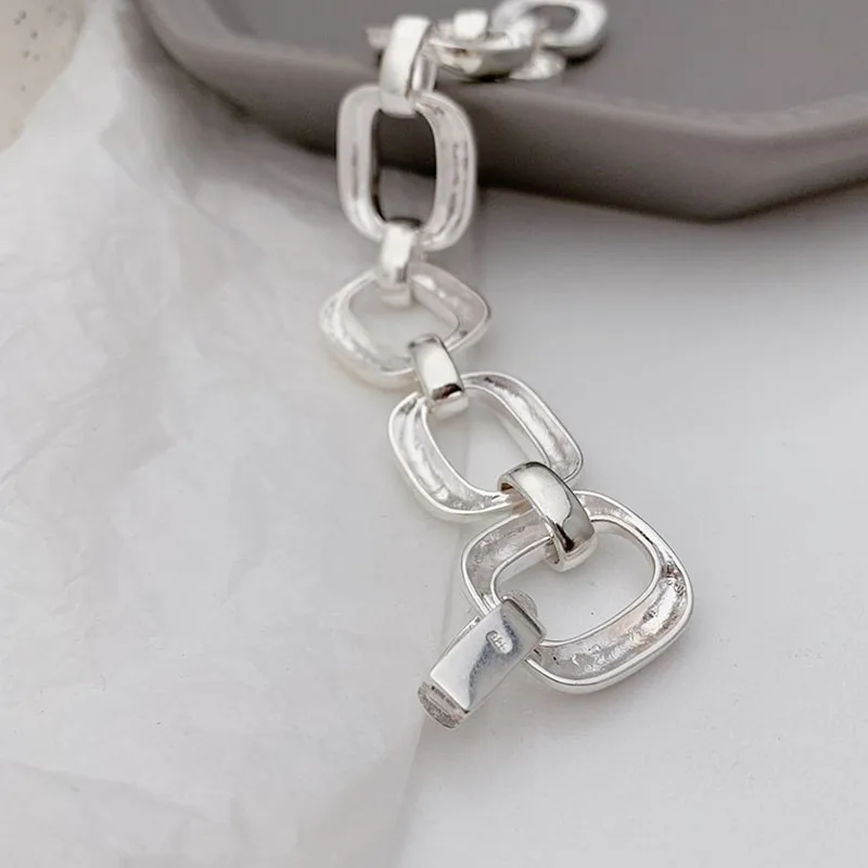 925 Sterling Silver Bracelets for Women Trend Hip Hop Vintage Thick Chain Creative Hollow Geometric Design Party Jewelry