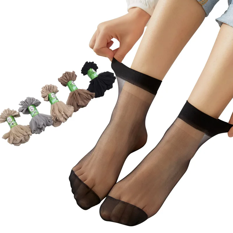 10Pairs/lot Black Skin Color Transparent Thin Women Crystal Silk Socks Nylon Fashion Ladies Female Summer Short Ankle Silk Socks