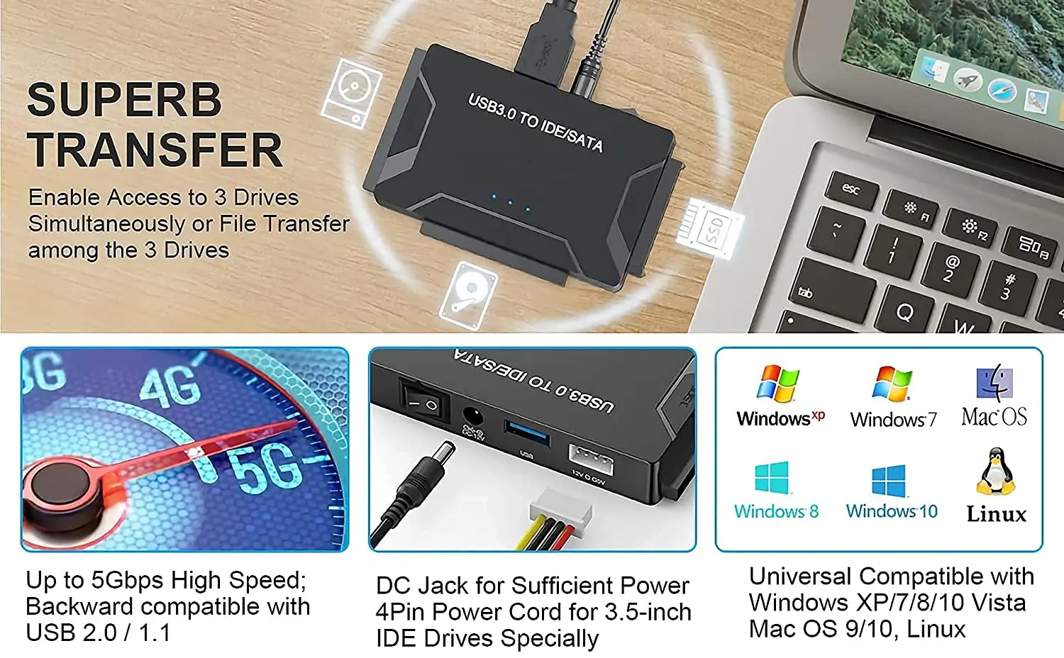 USB 3.0 to SATA IDE Hard Disk Adapter Converter Cable for 3.5 2.5 inch HDD/SSD CD DVD ROM CD-RW 3 in 1 IDE SATA Adapter