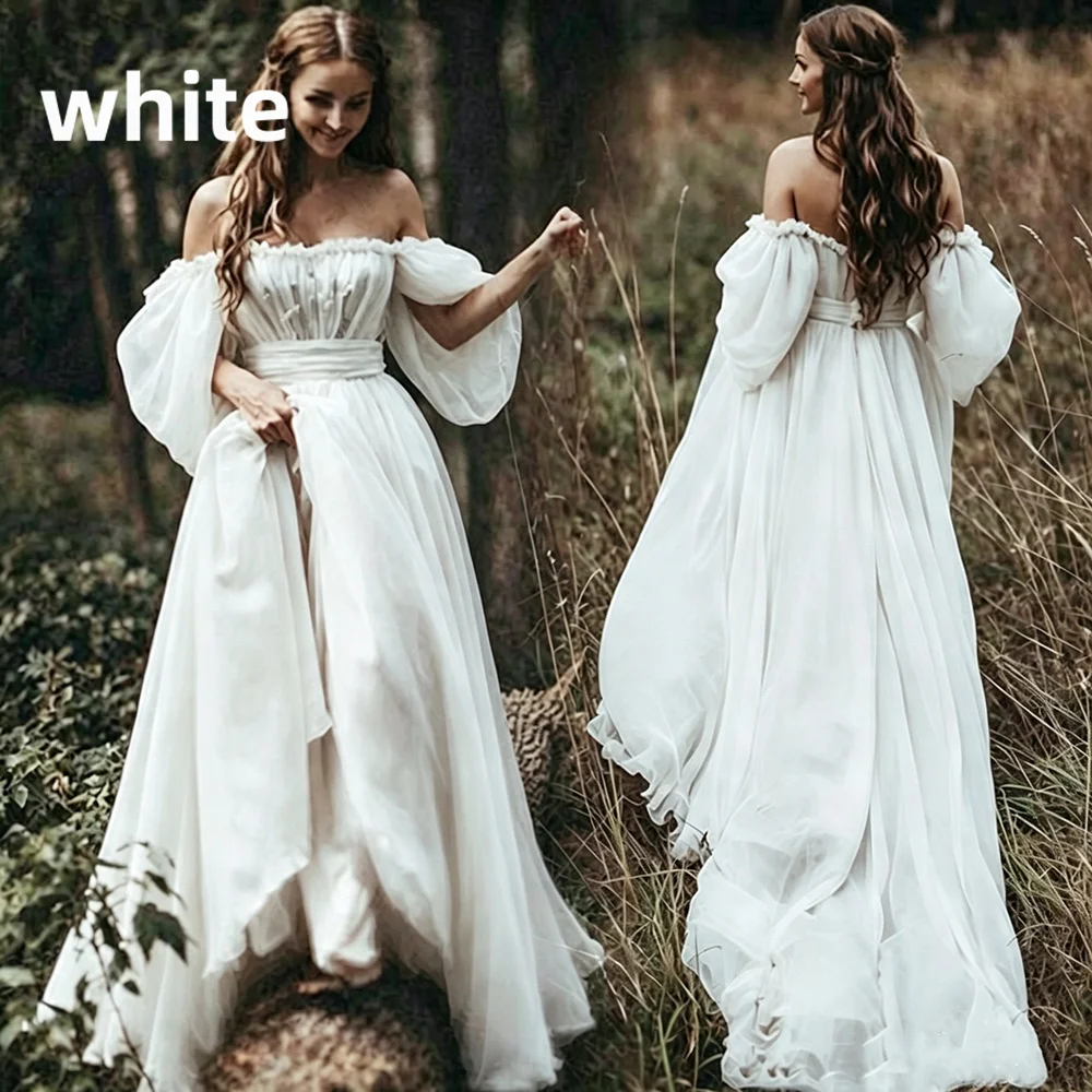 Boho Wedding Dress Off Shoulder Puff Long Sleeve A Line Train Bridal Gown Vintage Forest Elopement Wedding Long Bride Dress 2026