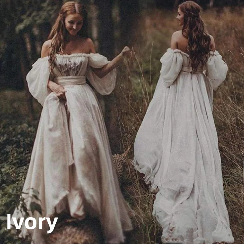 Boho Wedding Dress Off Shoulder Puff Long Sleeve A Line Train Bridal Gown Vintage Forest Elopement Wedding Long Bride Dress 2026