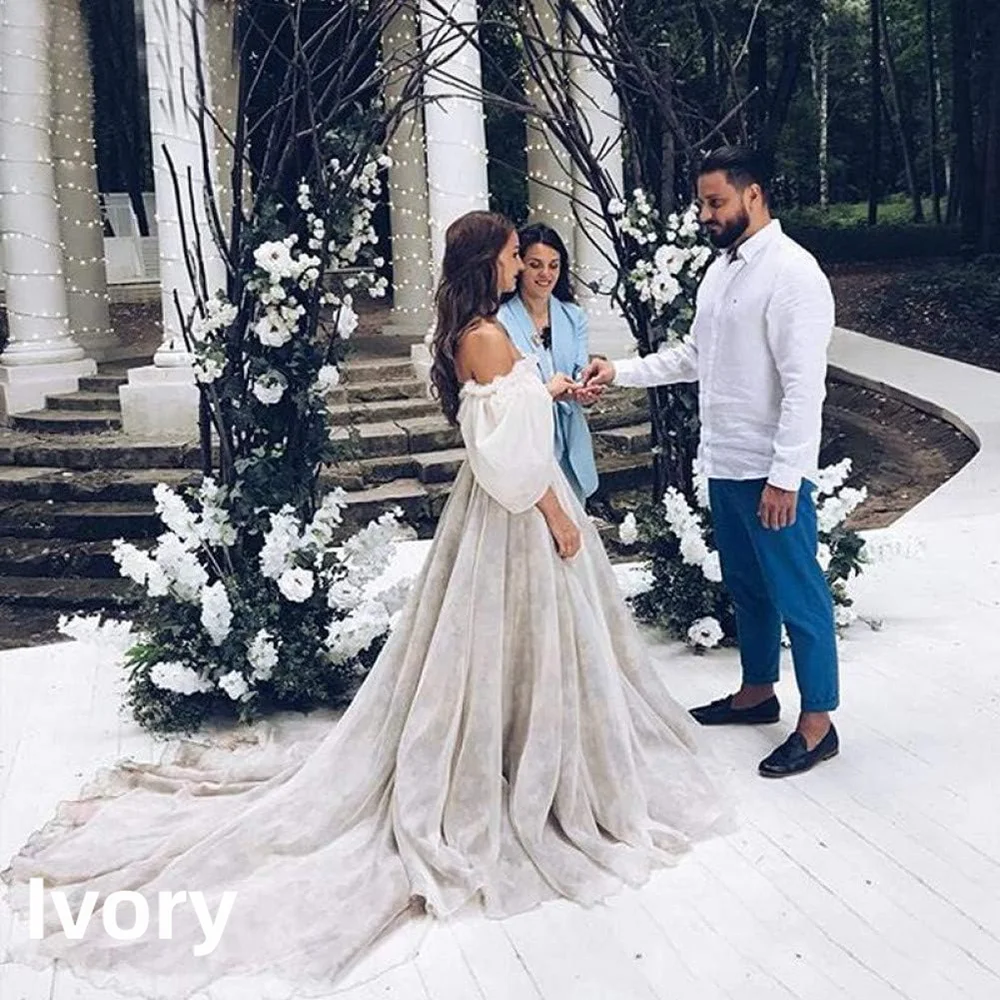 Boho Wedding Dress Off Shoulder Puff Long Sleeve A Line Train Bridal Gown Vintage Forest Elopement Wedding Long Bride Dress 2026