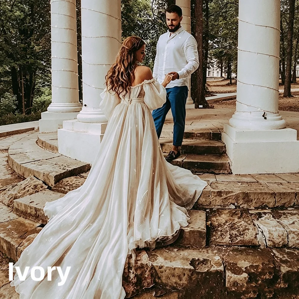 Boho Wedding Dress Off Shoulder Puff Long Sleeve A Line Train Bridal Gown Vintage Forest Elopement Wedding Long Bride Dress 2026