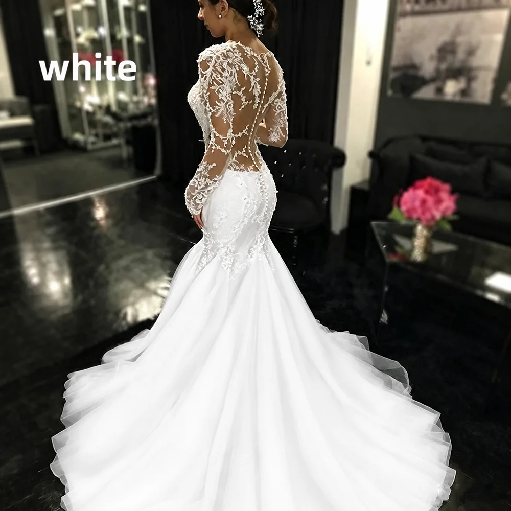 Long Sleeve Mermaid Wedding Dresses Sheer V Neck Lace Appliques Illusion Back Bridal Gown Sweep Train Tulle Vestido De Novia