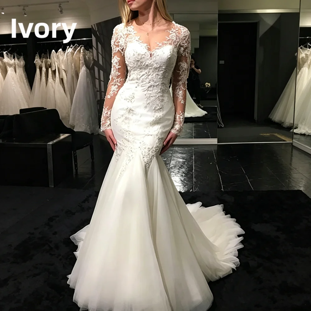 Long Sleeve Mermaid Wedding Dresses Sheer V Neck Lace Appliques Illusion Back Bridal Gown Sweep Train Tulle Vestido De Novia