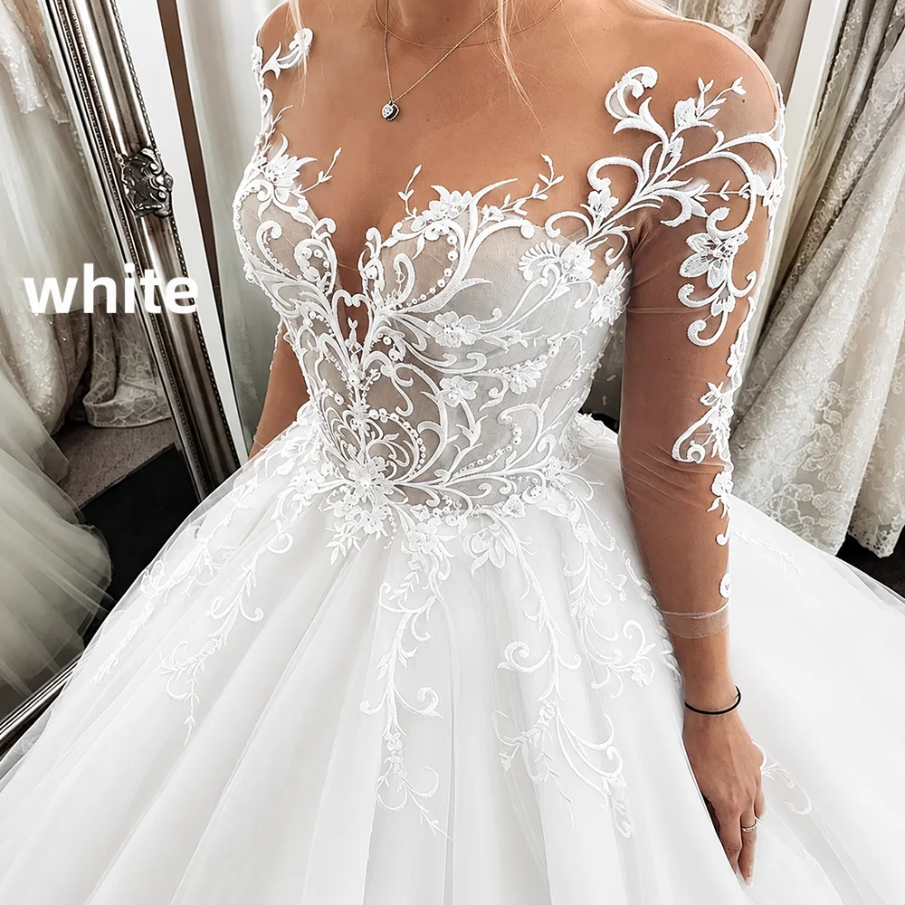 Long Sleeve Illusion Neck Wedding Dress Lace Applique Beaded A Line Bridal Gown Sheer Back Button Cathedral Train Custom Dresses