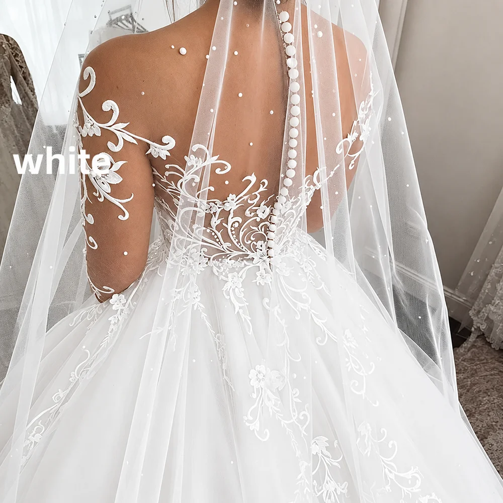 Long Sleeve Illusion Neck Wedding Dress Lace Applique Beaded A Line Bridal Gown Sheer Back Button Cathedral Train Custom Dresses