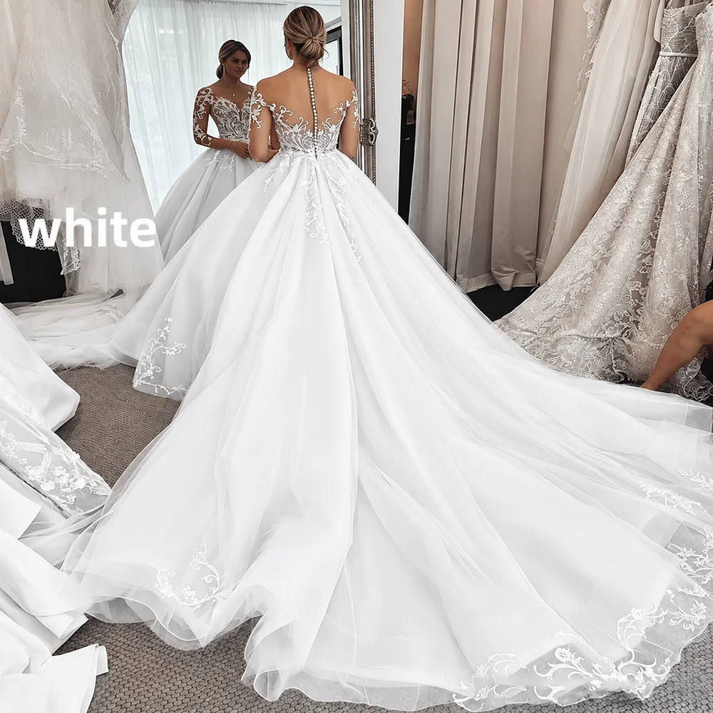 Long Sleeve Illusion Neck Wedding Dress Lace Applique Beaded A Line Bridal Gown Sheer Back Button Cathedral Train Custom Dresses