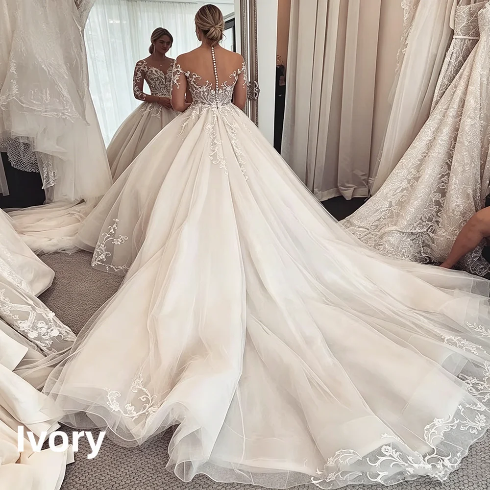 Long Sleeve Illusion Neck Wedding Dress Lace Applique Beaded A Line Bridal Gown Sheer Back Button Cathedral Train Custom Dresses