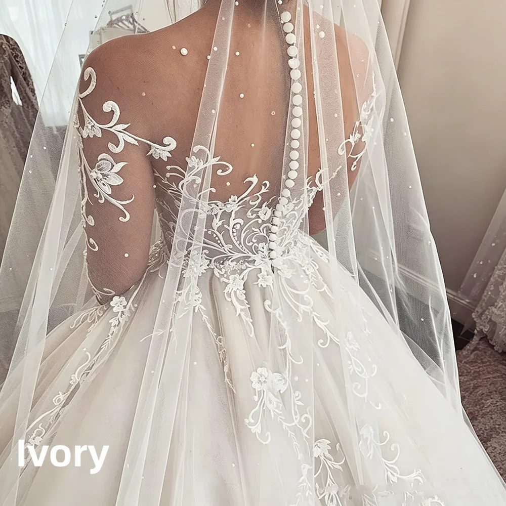 Long Sleeve Illusion Neck Wedding Dress Lace Applique Beaded A Line Bridal Gown Sheer Back Button Cathedral Train Custom Dresses