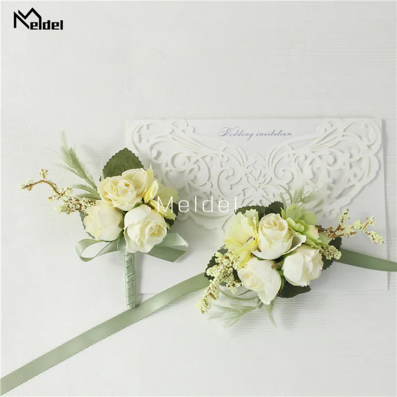 Meldel Wrist Corsage Wedding Men Boutonniere Girl Bracelet Groom Pins Bridesmaid Wrist Corsage Flower Silk Red Rose Boutonniere