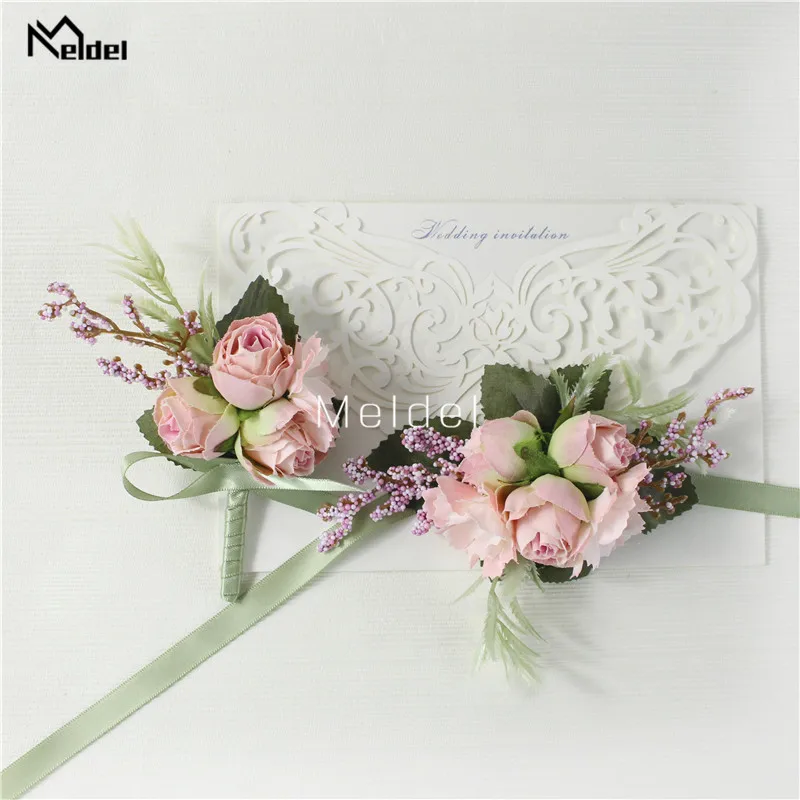 Meldel Wrist Corsage Wedding Men Boutonniere Girl Bracelet Groom Pins Bridesmaid Wrist Corsage Flower Silk Red Rose Boutonniere